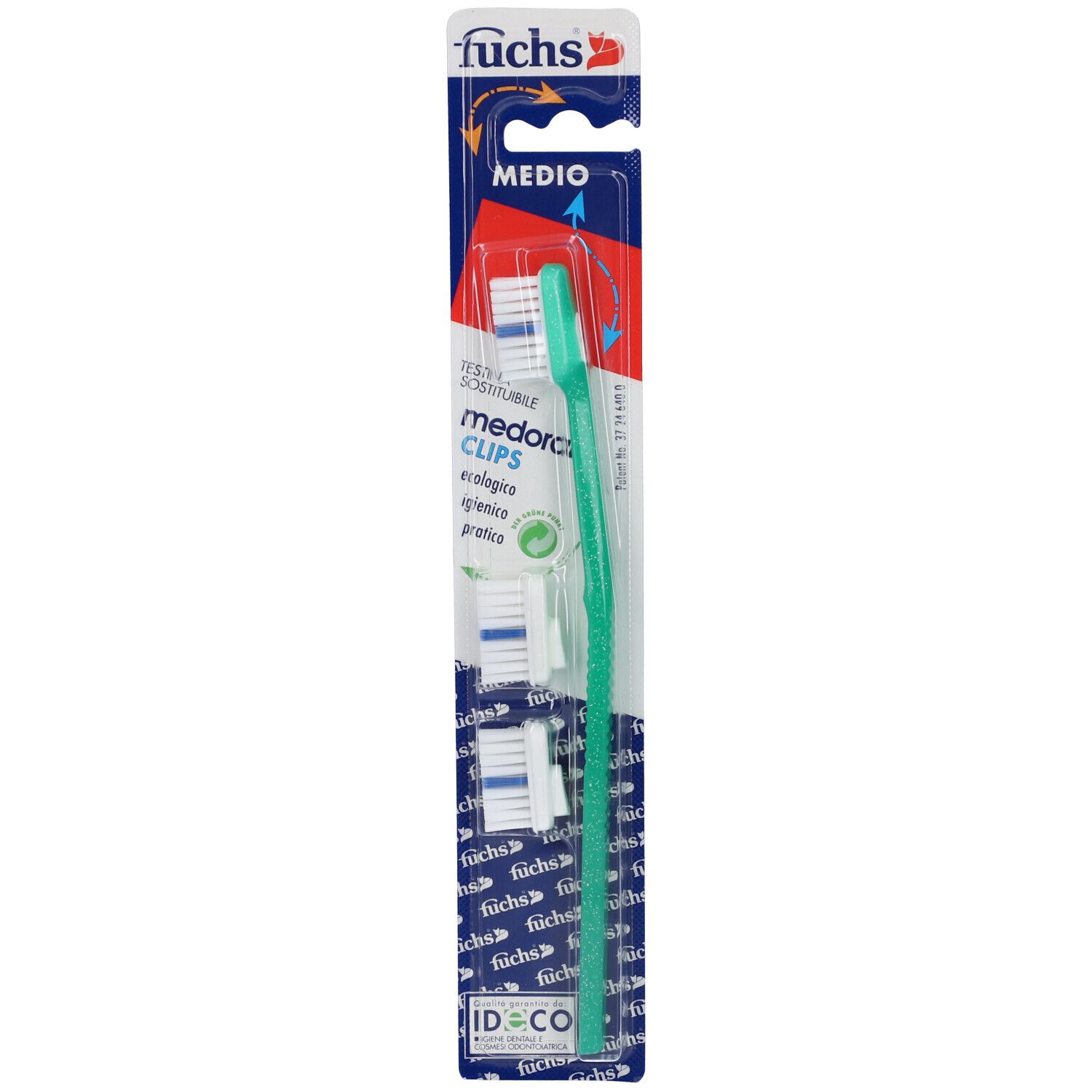 Spazzolino verde e testine di ricambio in confezione. Marchio Fuchs, modello Medoral Clips.