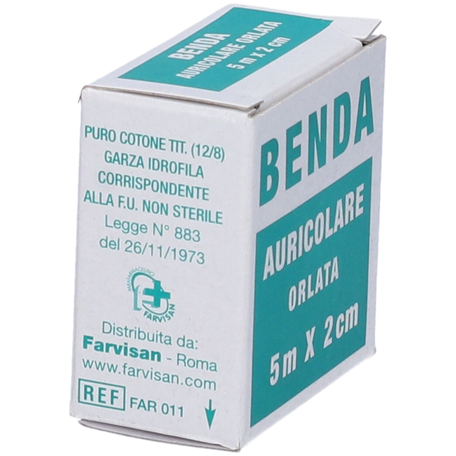 Scatola con scritta BENDA AURICOLARE ORLATA 5 m x 2 cm. Scritta: Puro cotone. Logo e indirizzo.