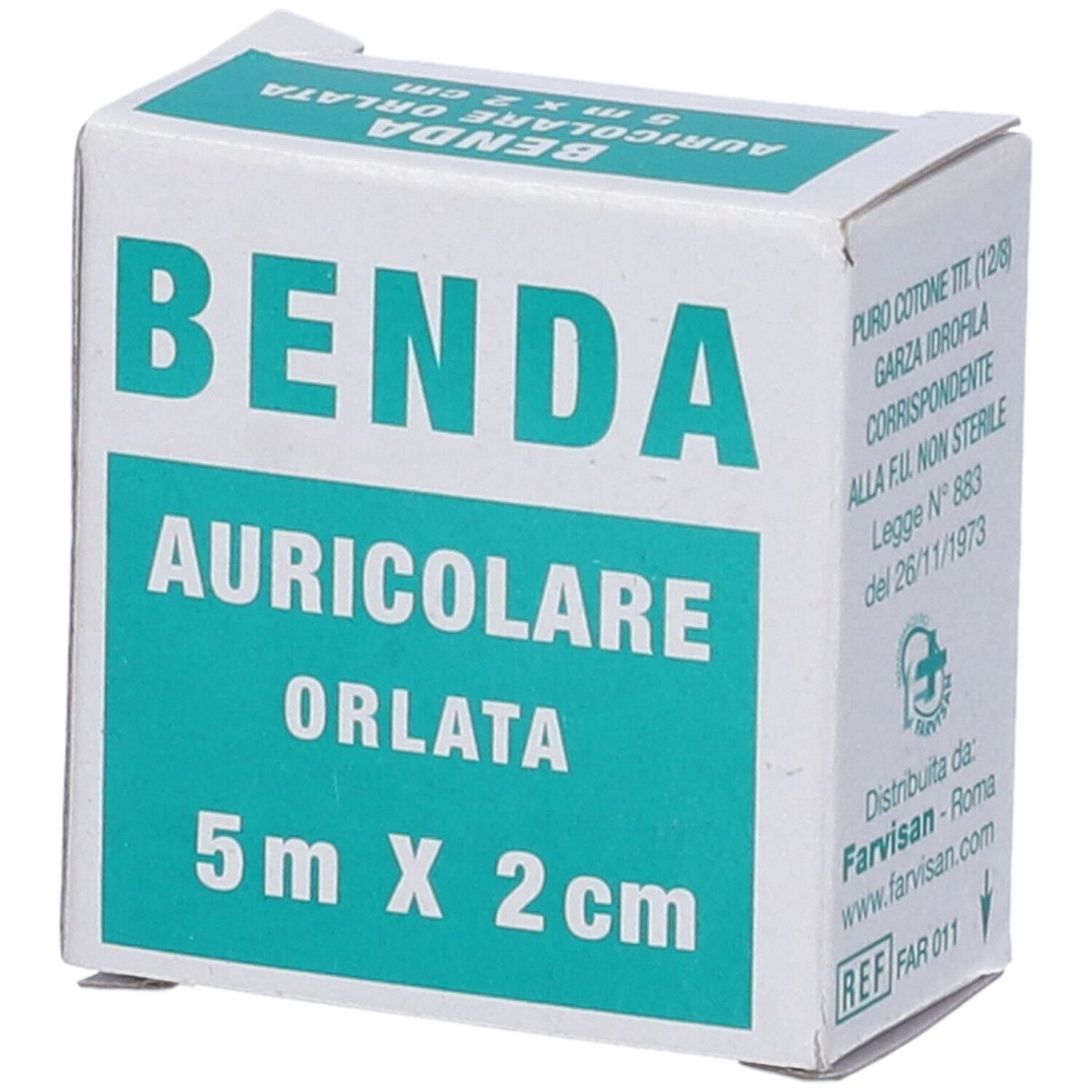 Scatola con scritta BENDA AURICOLARE ORLATA 5 m x 2 cm. Scatola bianca e turchese.