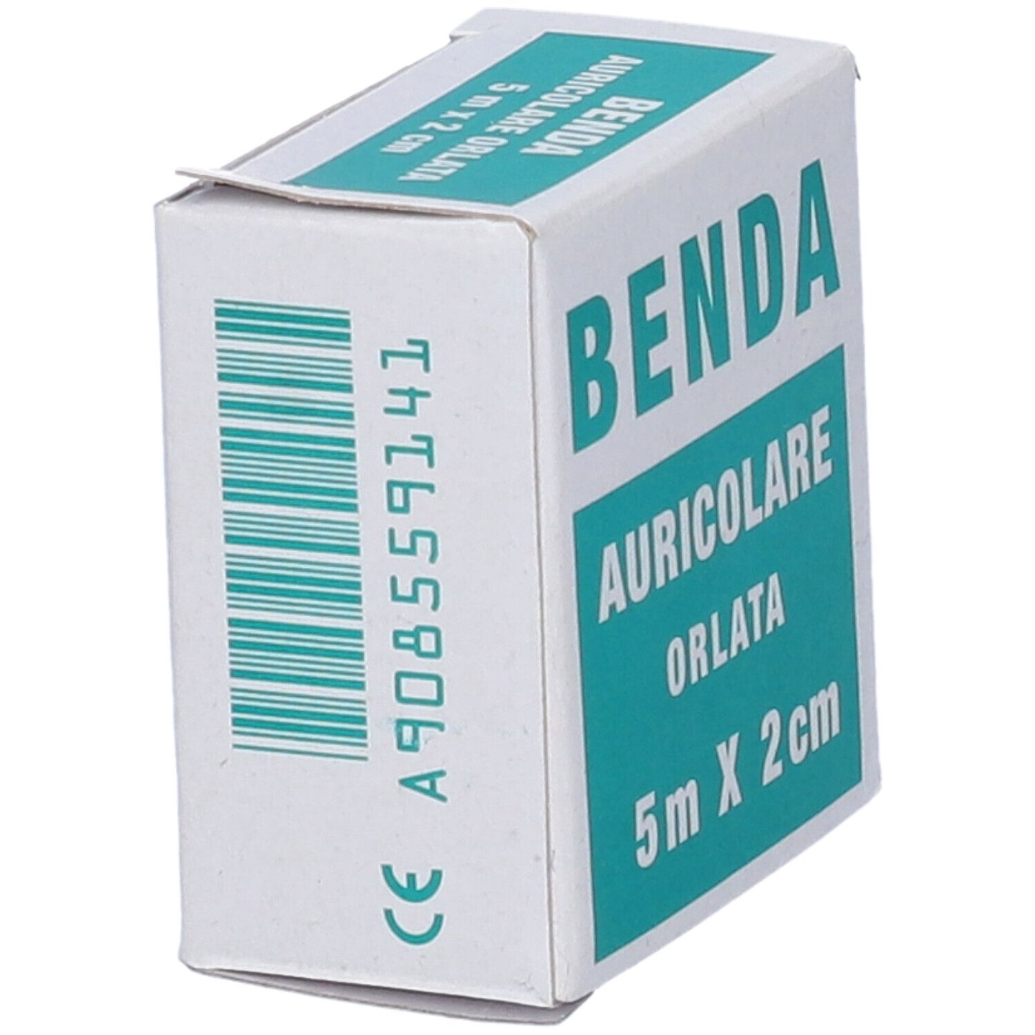 Scatola con scritta BENDA AURICOLARE ORLATA 5 m x 2 cm. Codice a barre e marchio CE.