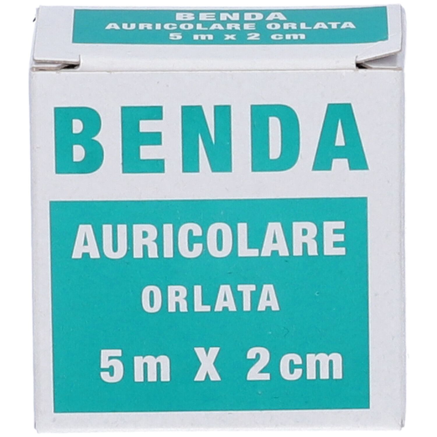 Scatola con scritta BENDA AURICOLARE ORLATA 5 m x 2 cm. Scatola bianca e turchese.