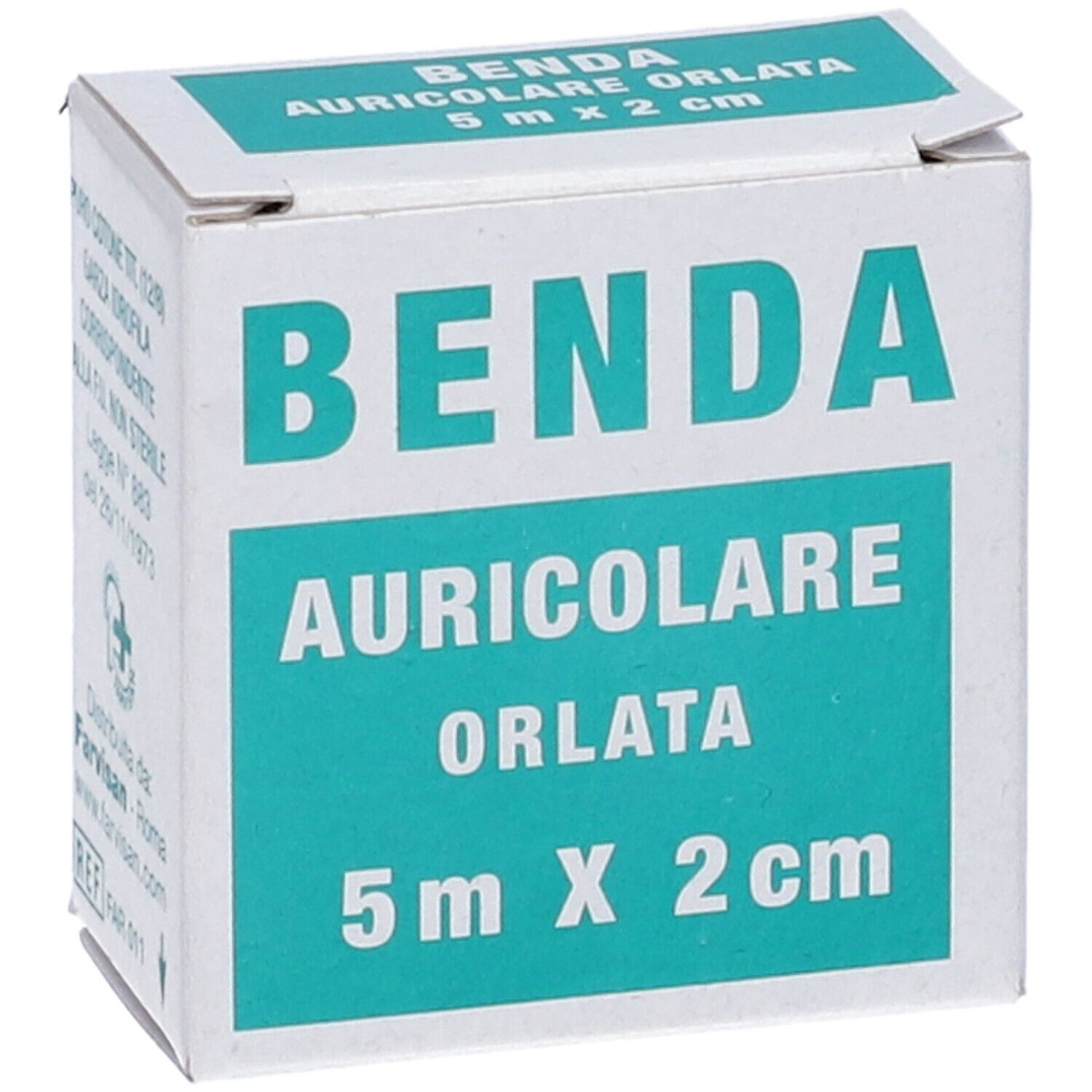 Scatola con scritta BENDA AURICOLARE ORLATA 5 m x 2 cm. Scritta: Puro cotone. Logo e indirizzo.