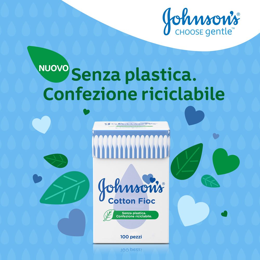 Confezione Johnson's Cotton Fioc. Senza plastica. Confezione riciclabile. Decorazioni blu e verdi.