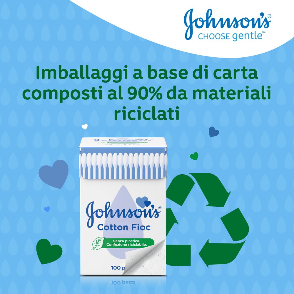 Confezione Johnson's Cotton Fioc. Imballaggi a base di carta composti al 90% da materiali riciclati.