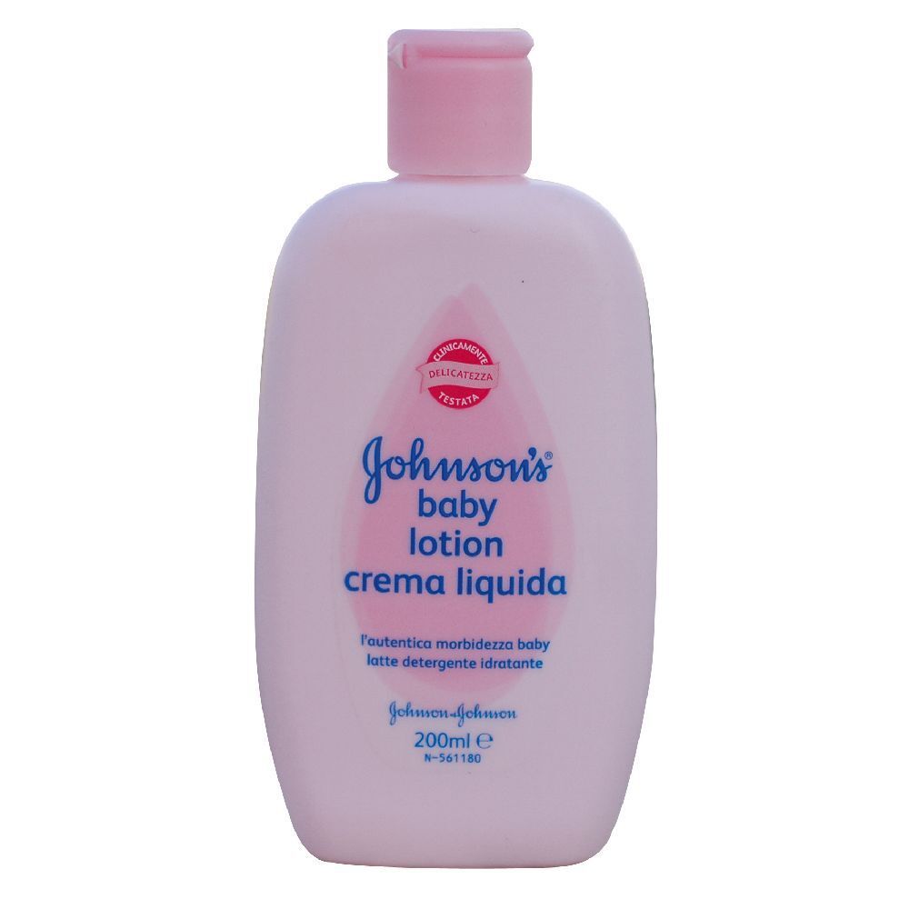 Flacone rosa con tappo rosa. Scritta: Johnson's baby lotion crema liquida. 200ml.