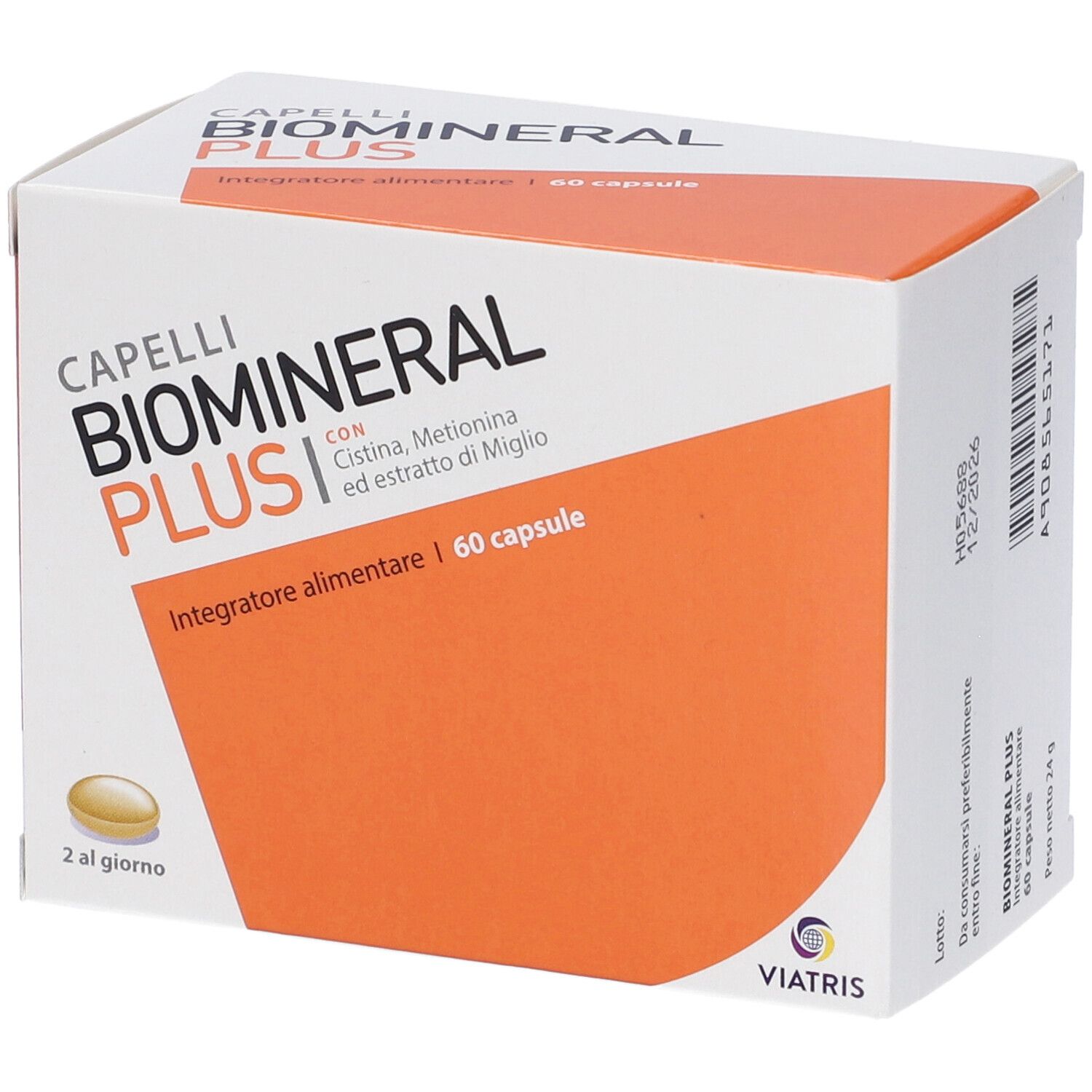 Scatola di Biomineral Plus Haarkapseln. 60 capsule, con cistina, metionina ed estratto di miglio. Logo Viatris.