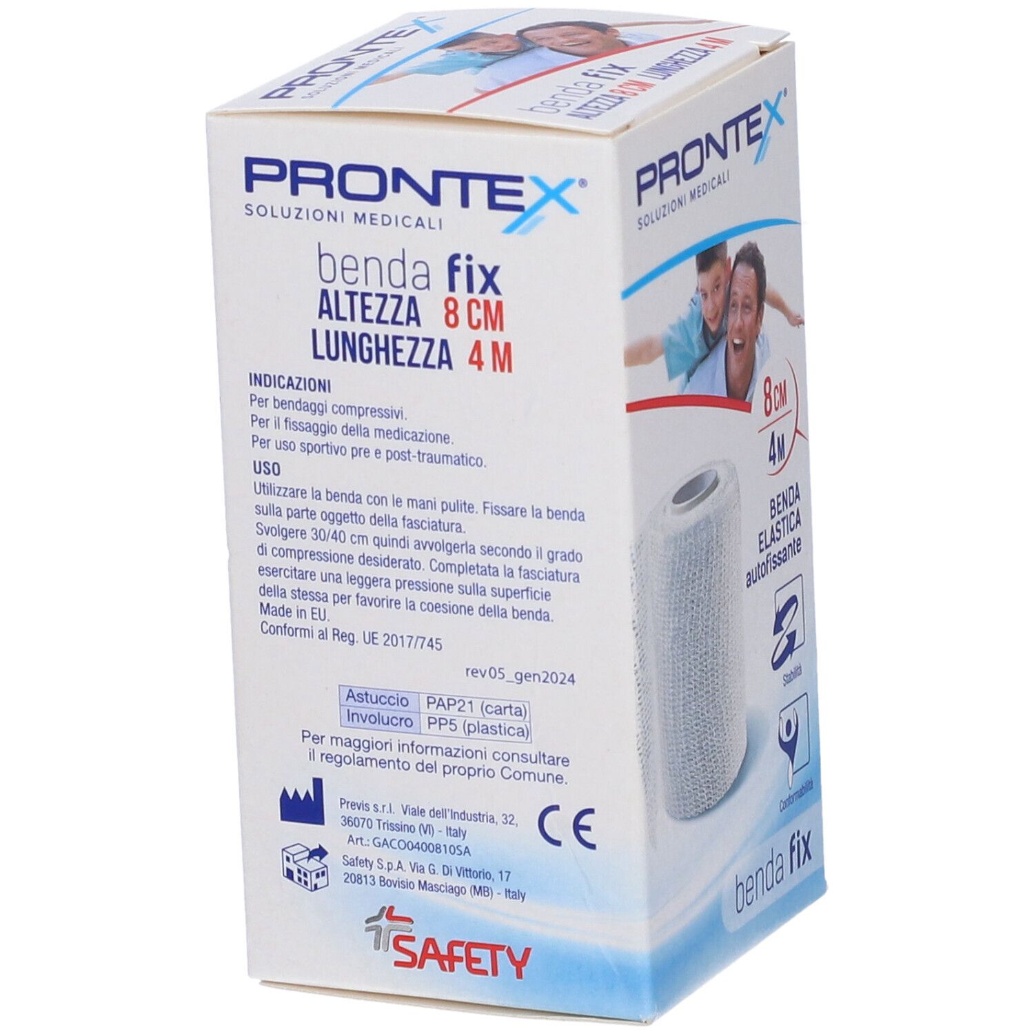 Rückseite der Prontex Benda Elastica Fix Verpackung mit Anwendungshinweisen und Produktinformationen.