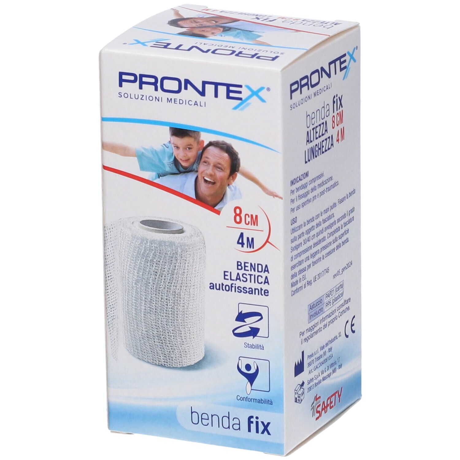 Prontex Benda Elastica Fix, selbsthaftendes elastisches Band, 8 cm x 4 m, weiße Rolle auf weißer Verpackung.
