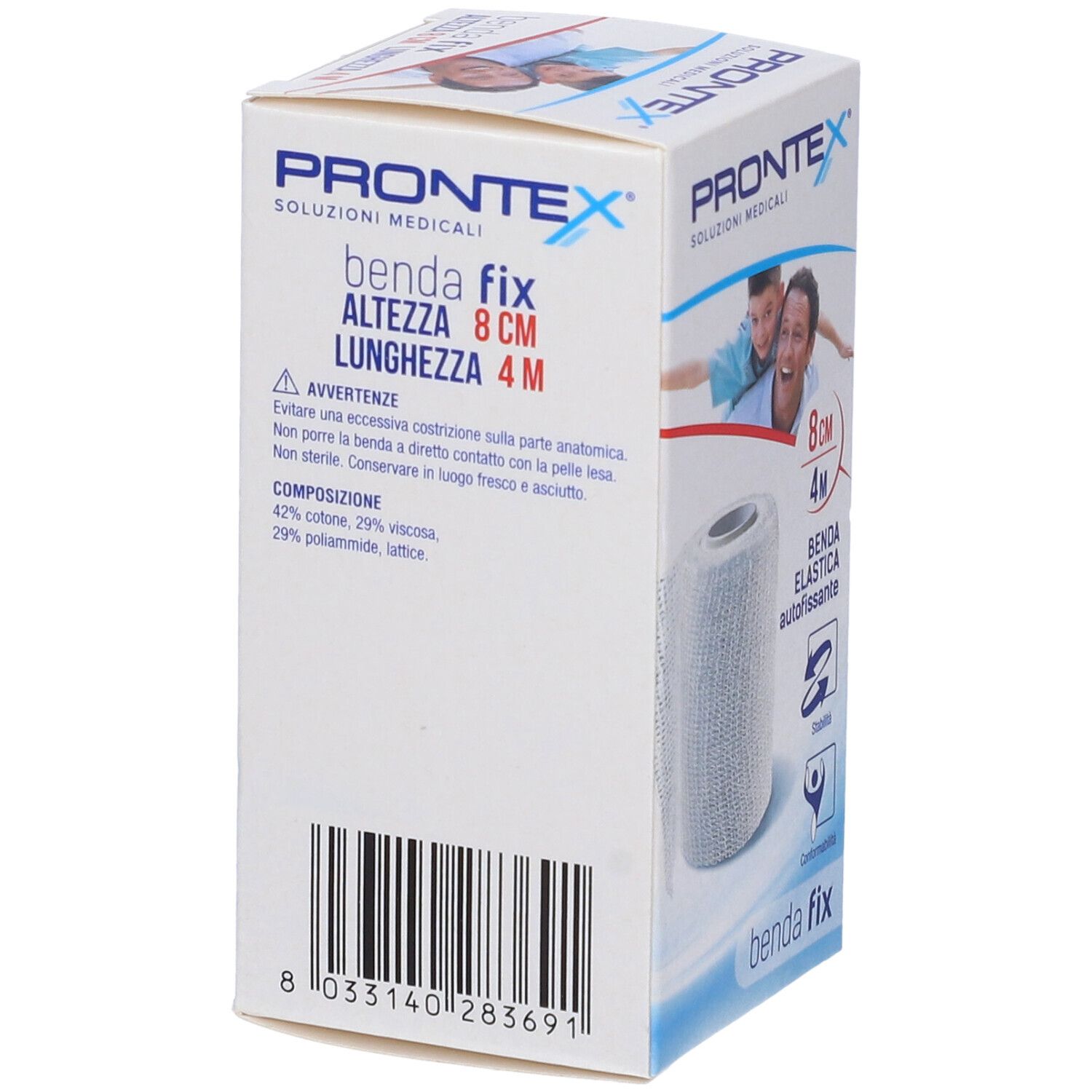 Vorderseite der Prontex Benda Elastica Fix Verpackung mit Produktabbildung und Größenangabe 8 cm x 4 m.