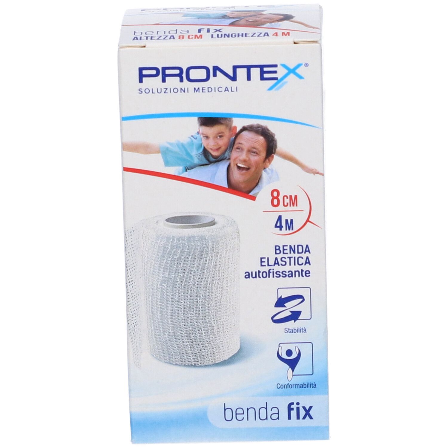 Prontex Benda Elastica Fix, selbsthaftendes elastisches Band, 8 cm x 4 m, weiße Rolle auf weißer Verpackung.