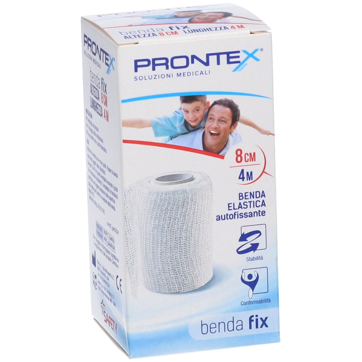 Prontex Benda Elastica Fix, selbsthaftendes elastisches Band, 8 cm x 4 m, weiße Rolle auf weißer Verpackung.