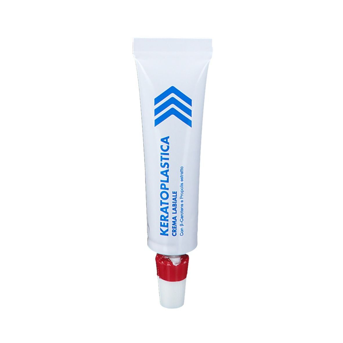Tubo bianco con frecce blu e scritta: Keratoplastica, Crema Labiale. Chiusura rossa.