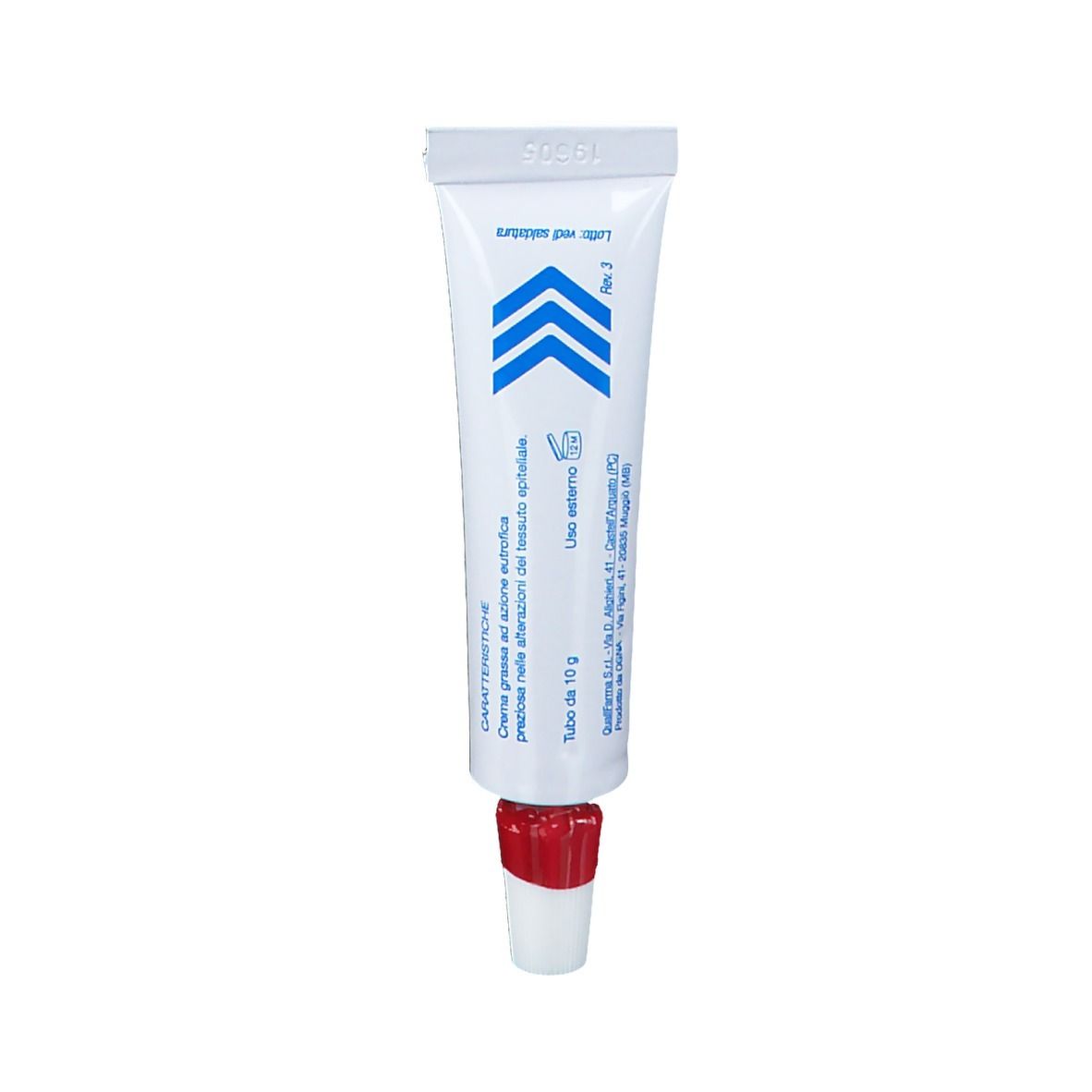 Tubo bianco con frecce blu e scritta: Keratoplastica, Crema Labiale. Chiusura rossa. Testo.