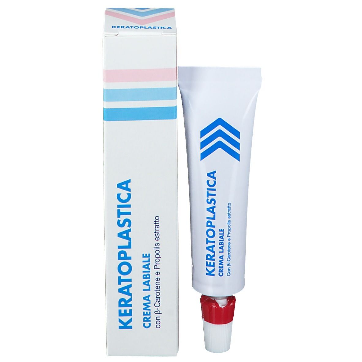 Tubo e scatola. Scritto: Keratoplastica, Crema Labiale. Contiene beta-carotene ed estratto di propoli. Chiusura rossa.