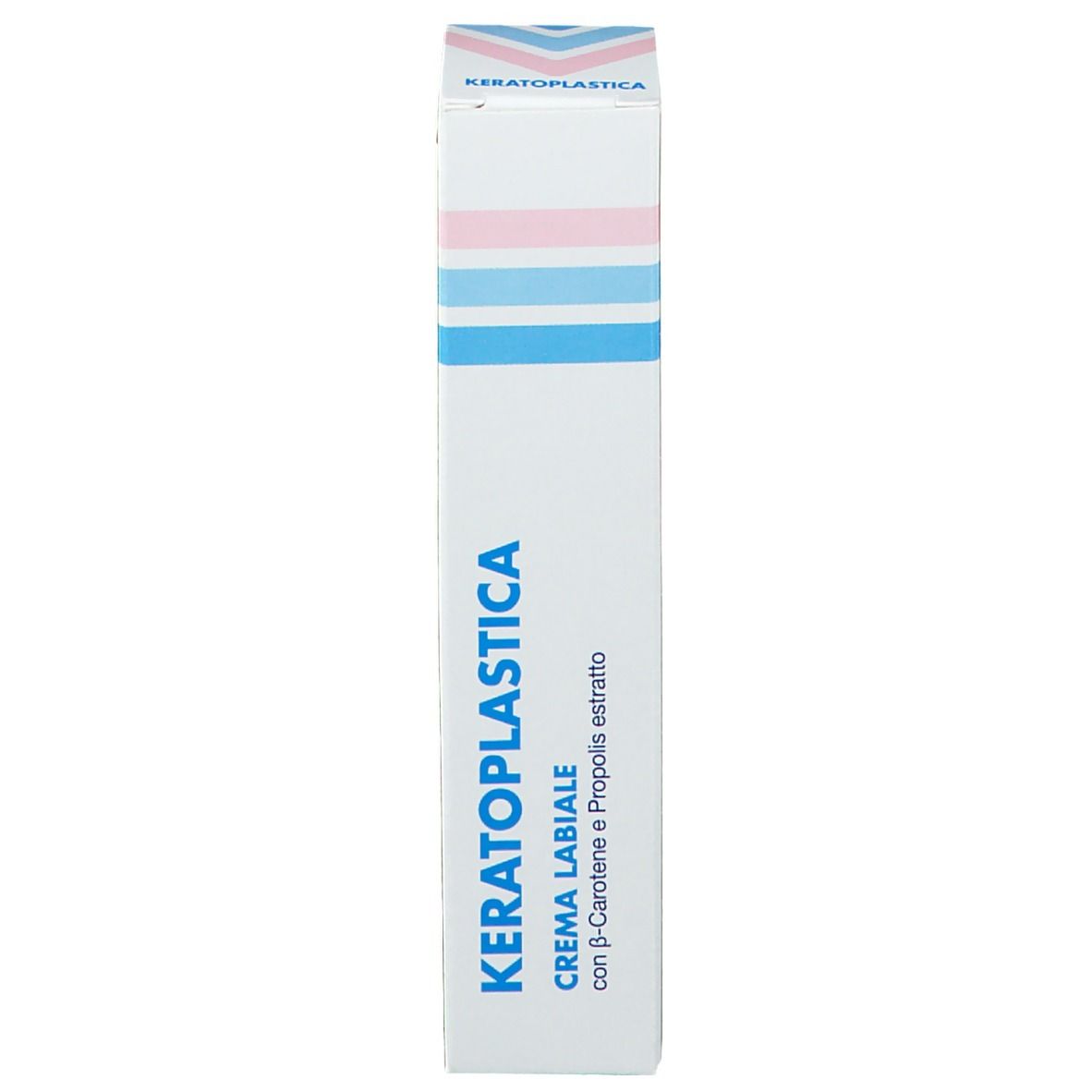 Scatola con scritta: Keratoplastica, Crema Labiale. Contiene beta-carotene ed estratto di propoli. Strisce rosa e blu.