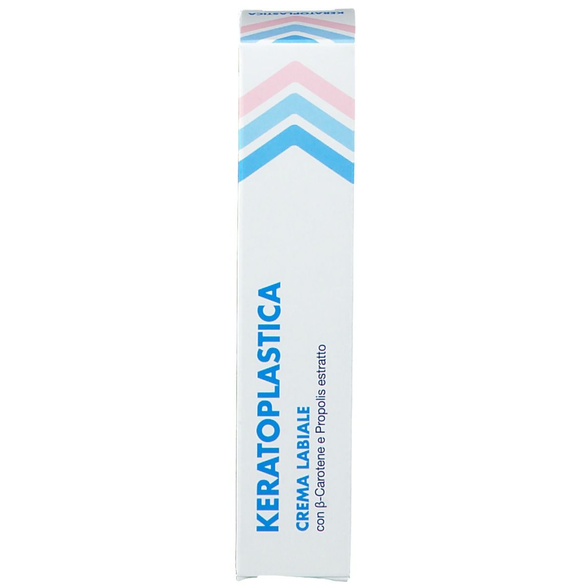 Scatola con scritta: Keratoplastica, Crema Labiale. Contiene beta-carotene ed estratto di propoli. Strisce rosa e blu.