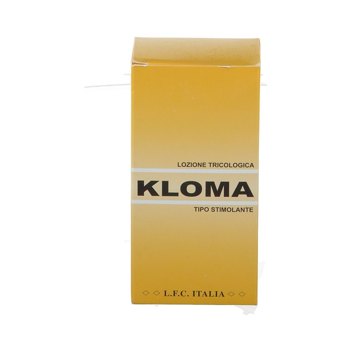 Scatola gialla con scritta KLOMA, Lozione Tricologica. Logo L.F.C. ITALIA.