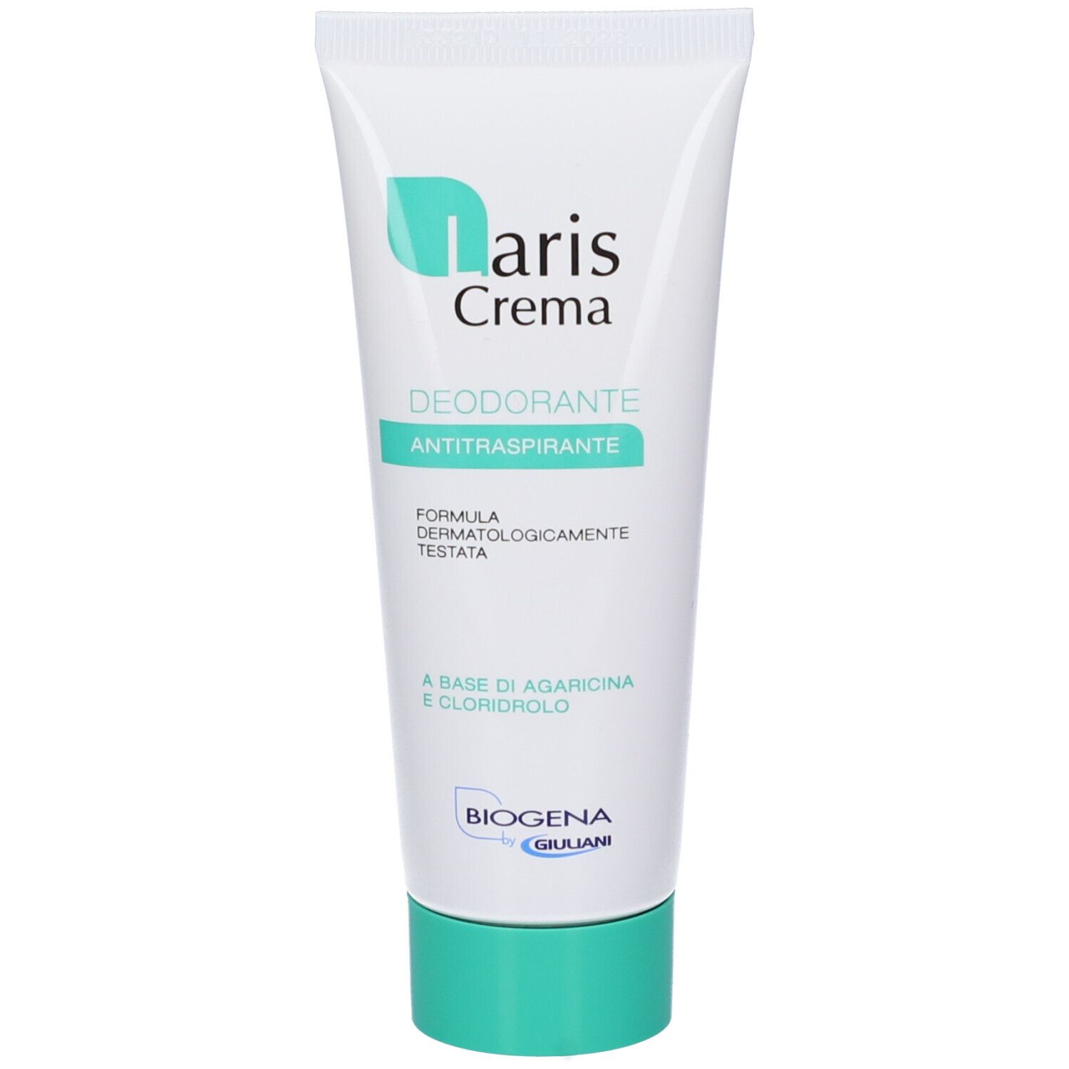 Deodorante in crema bianco con tappo turchese. Scritta: Laris Crema, Deodorante Antitraspirante.