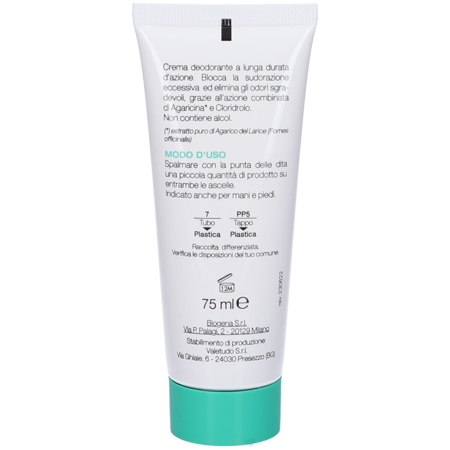 Retro del deodorante in crema. Testo in italiano. Tappo turchese. 75 ml.