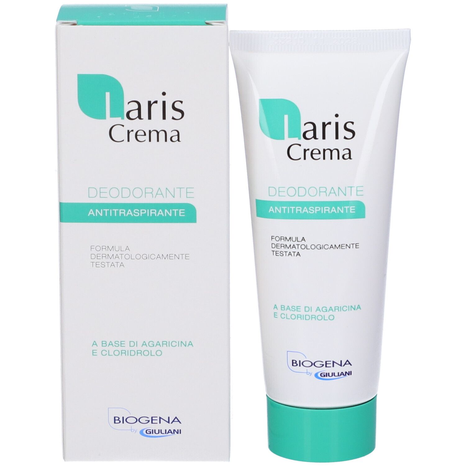 Deodorante in crema e confezione. Bianco, accenti turchini. Scritta: Laris Crema, Deodorante Antitraspirante.