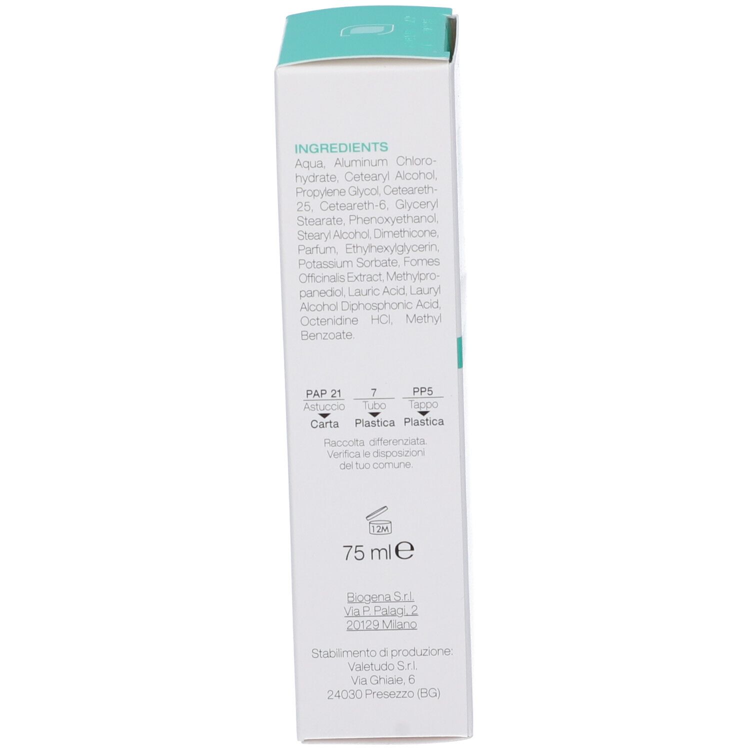 Lato della confezione del deodorante in crema. Testo in italiano. 75 ml.
