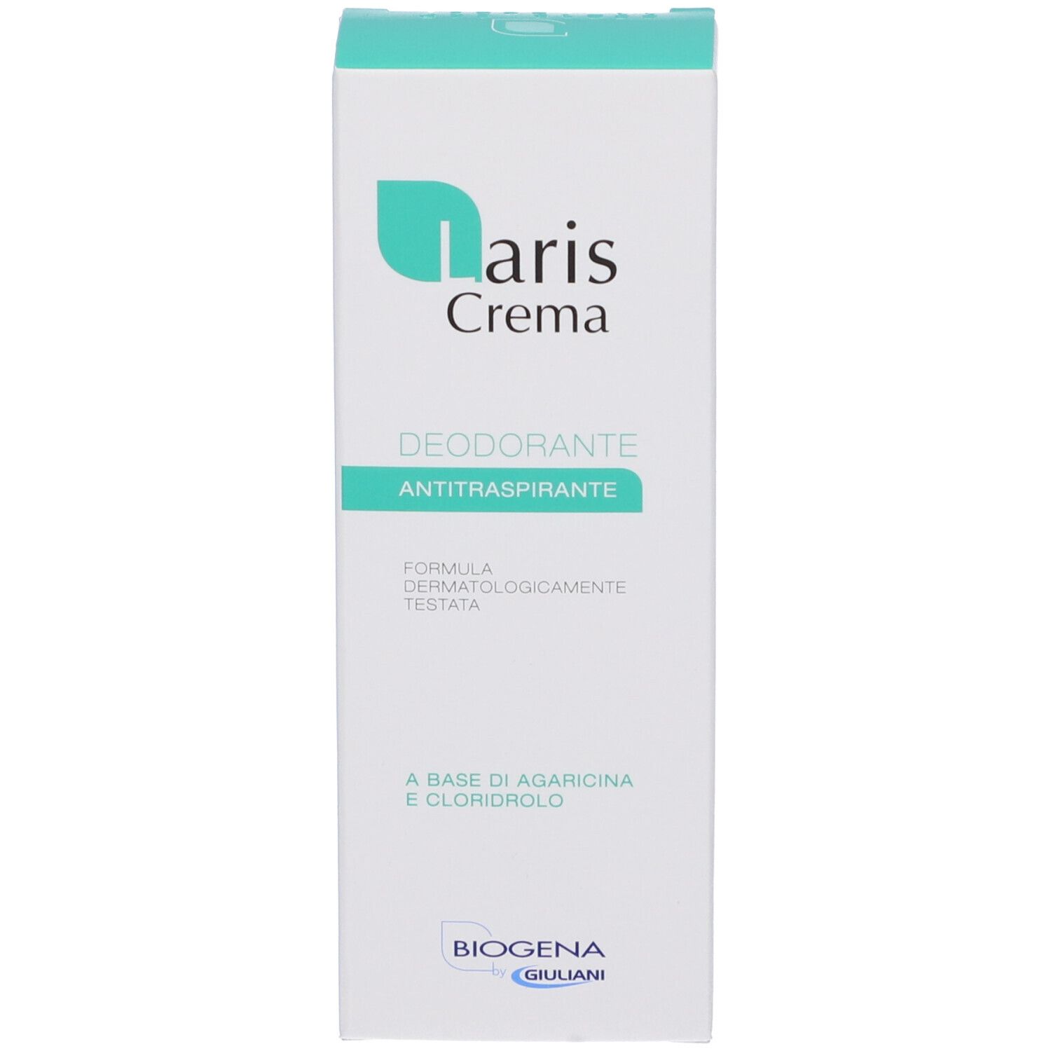 Confezione del deodorante in crema. Bianco, accenti turchini. Scritta: Laris Crema, Deodorante Antitraspirante.