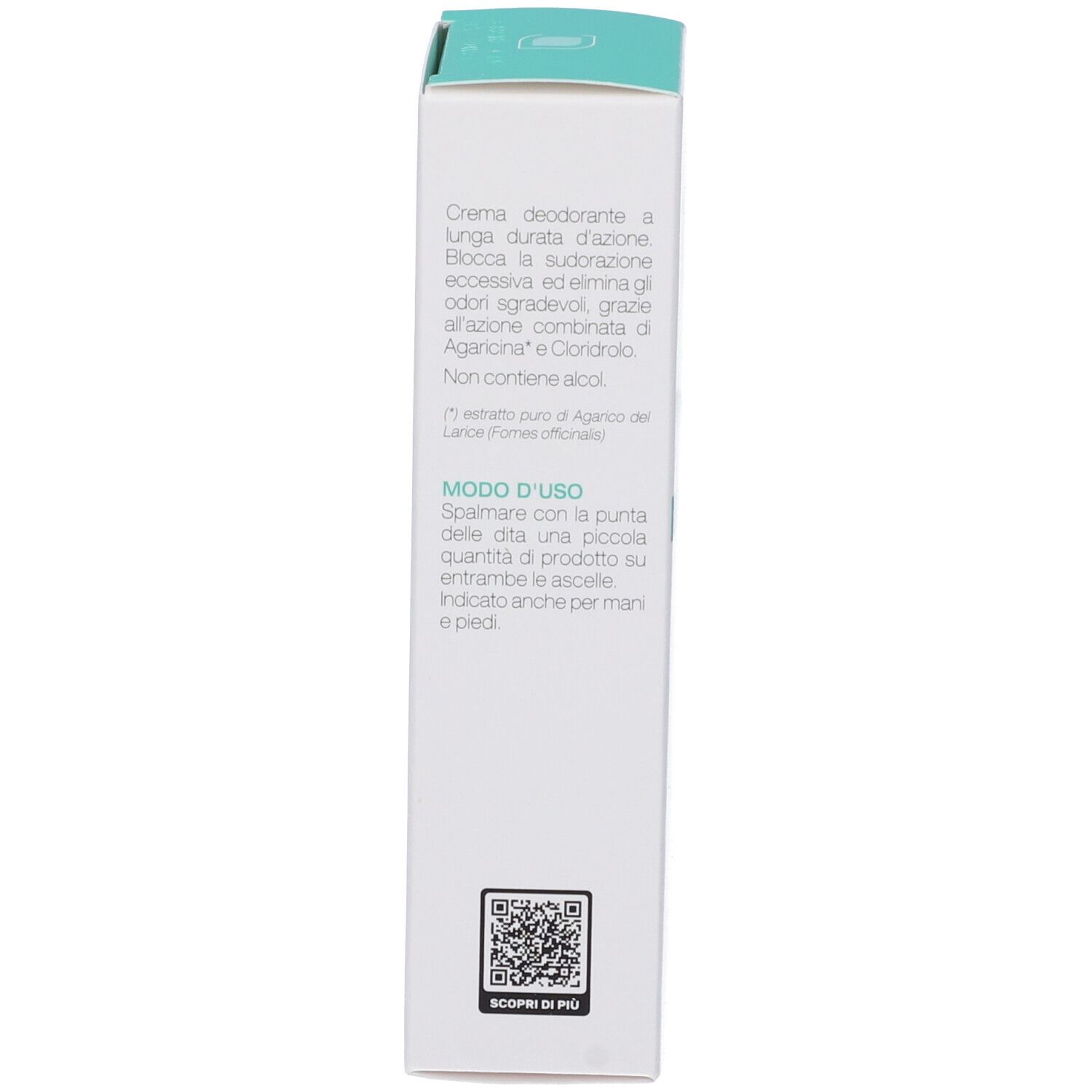 Retro della confezione del deodorante in crema. Testo in italiano. Codice QR.