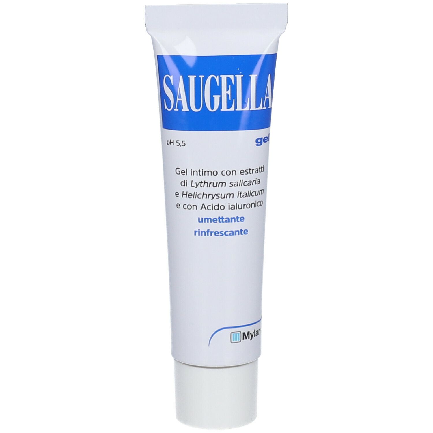 Tubo con scritta Saugella. Bianco con scritta blu. Prodotto in gel.