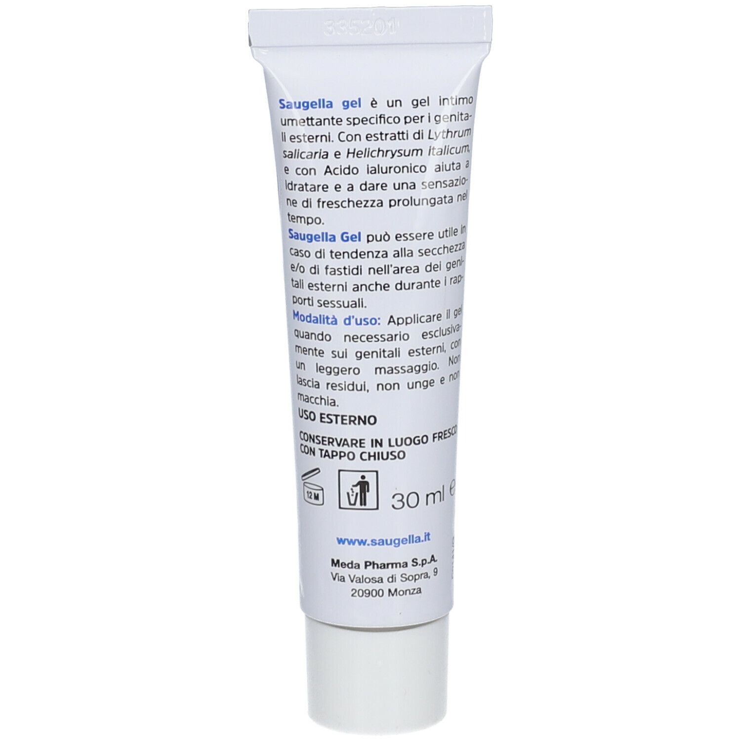 Tubo con scritta Saugella. Bianco con scritta blu. Prodotto in gel.