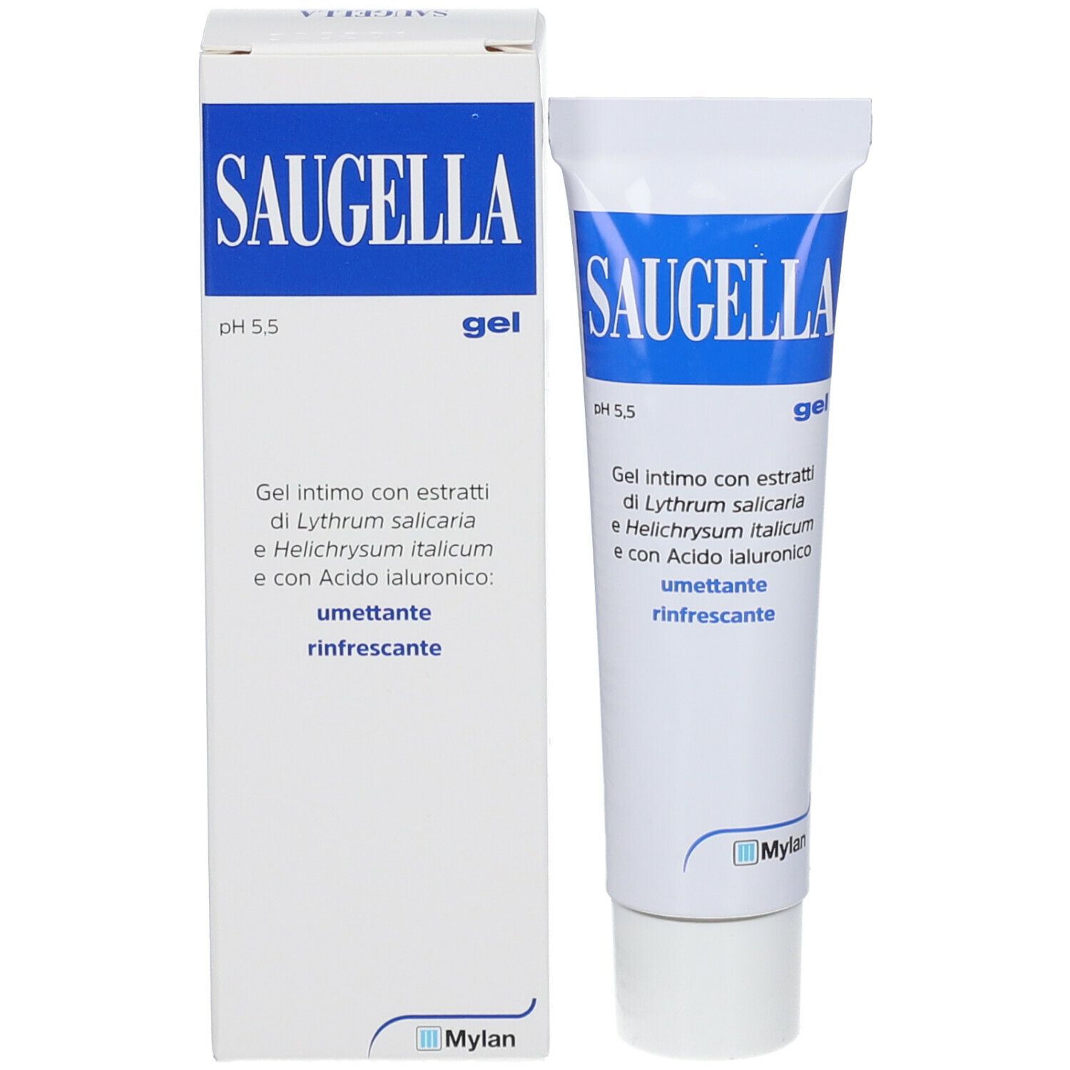 Tubo e confezione Saugella. Scritta blu su sfondo bianco. Prodotto in gel.