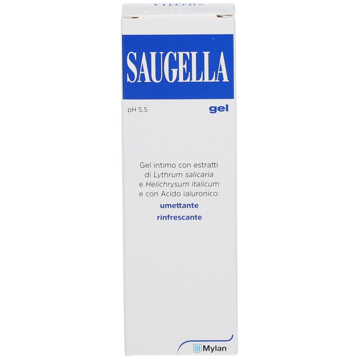 Confezione con scritta Saugella. Scritta blu su sfondo bianco. Prodotto in gel.