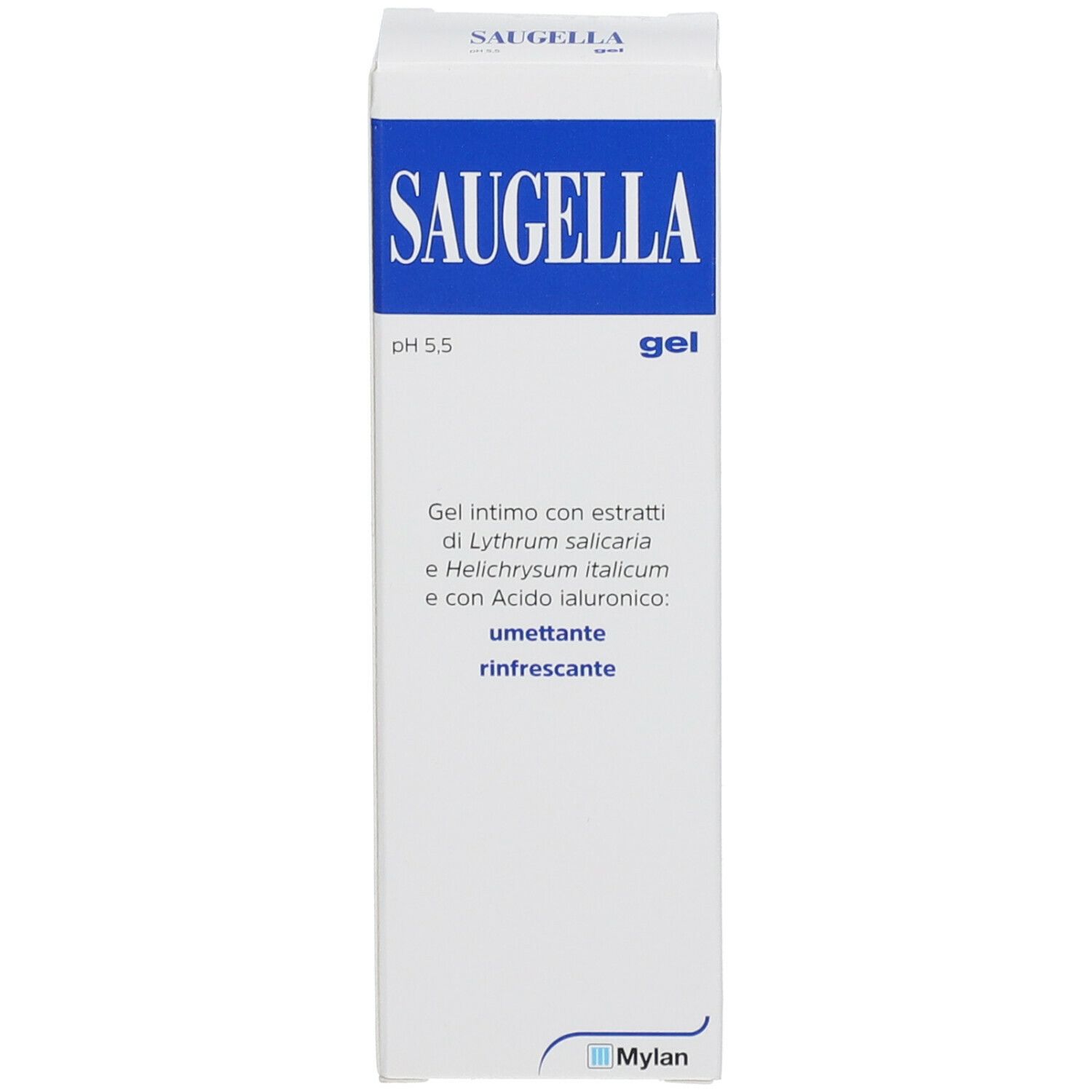 Tubo e confezione Saugella. Scritta blu su sfondo bianco. Prodotto in gel.