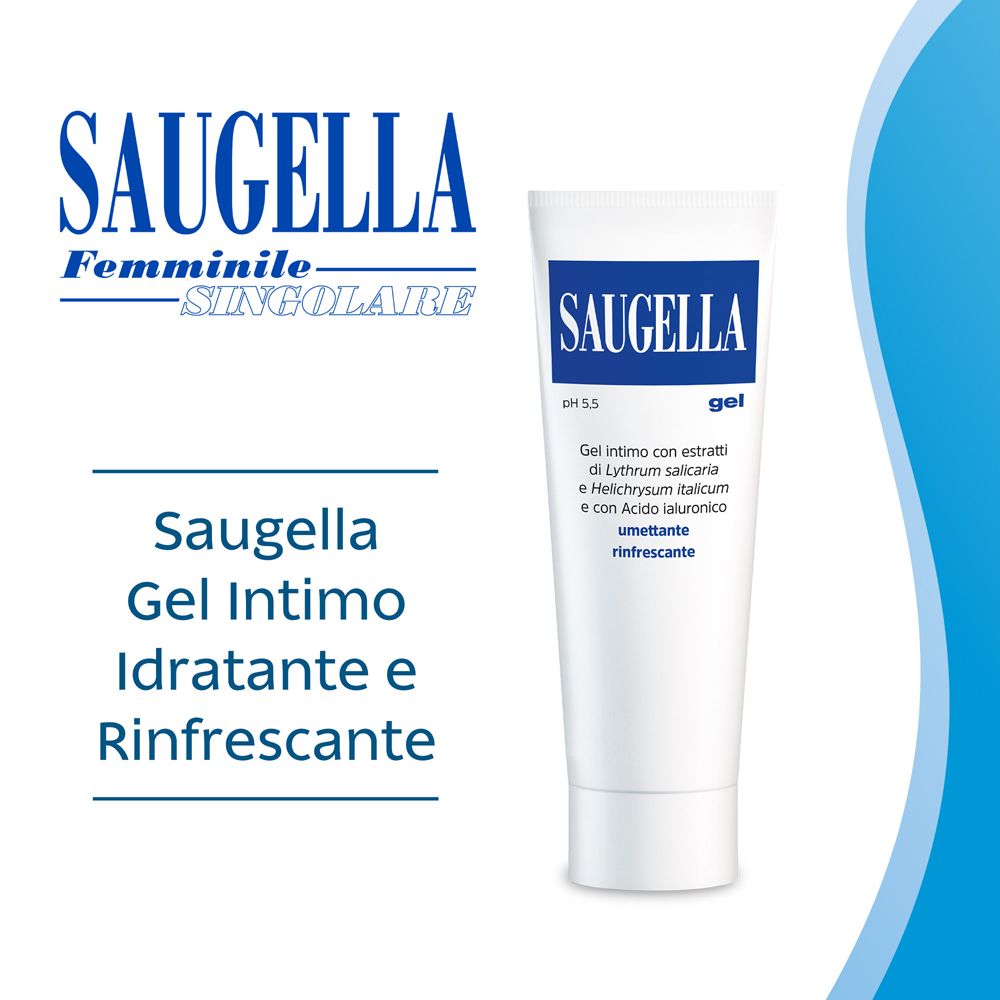 Saugella Intim-Gel in weißer Tube mit blauem Etikett.