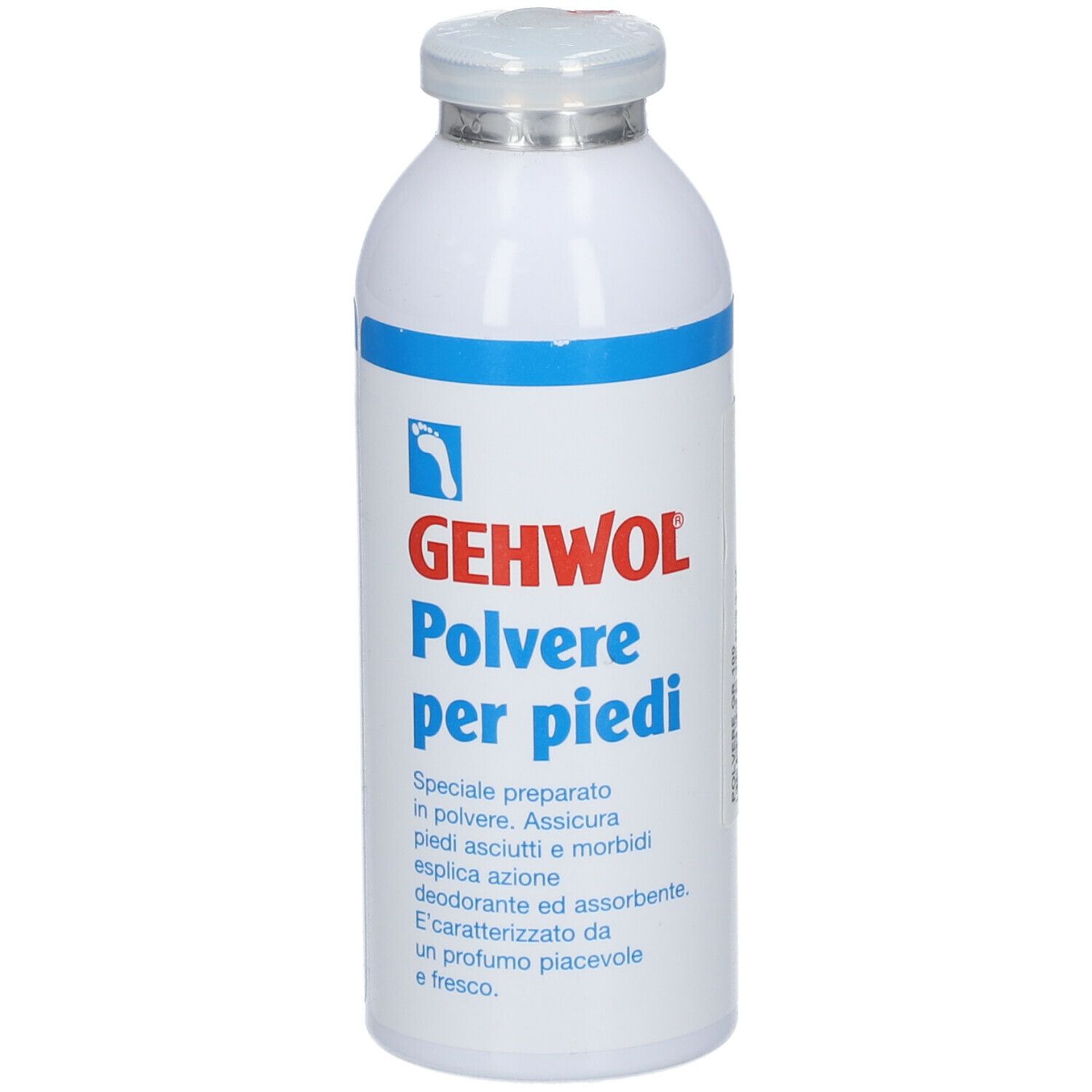 Weißes Gefäß mit blauem Streifen und Deckel. Aufschrift: GEHWOL Polvere per piedi.