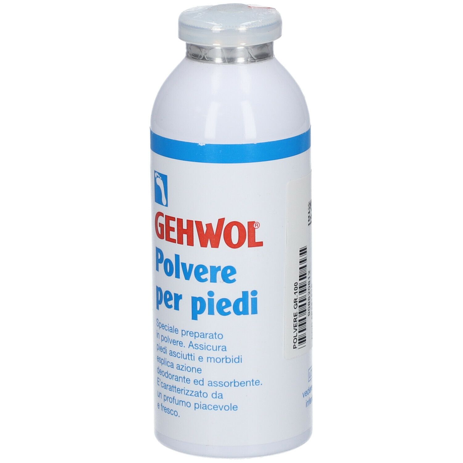 Weißes Gefäß mit blauem Streifen und Deckel. Aufschrift: GEHWOL Polvere per piedi.