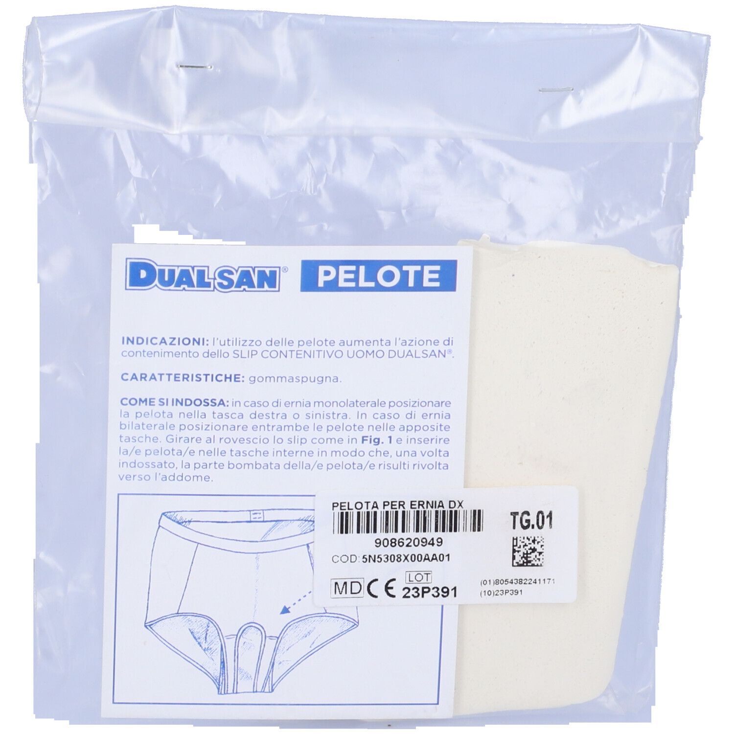 Verpackung mit Dualsan Pelote Ernia Dx. Enthält eine rechteckige, beige Pelote und eine Informationskarte. Text auf Italienisch.