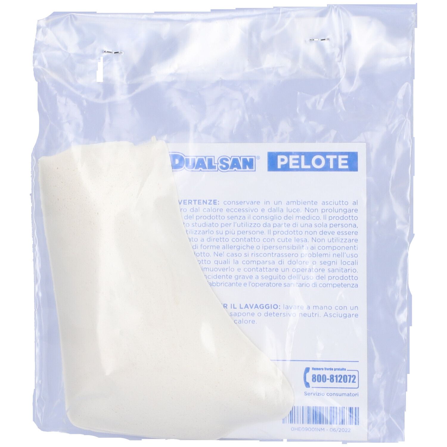 Verpackung mit Dualsan Pelote. Enthält eine beige, anatomisch geformte Pelote. Text auf Italienisch.