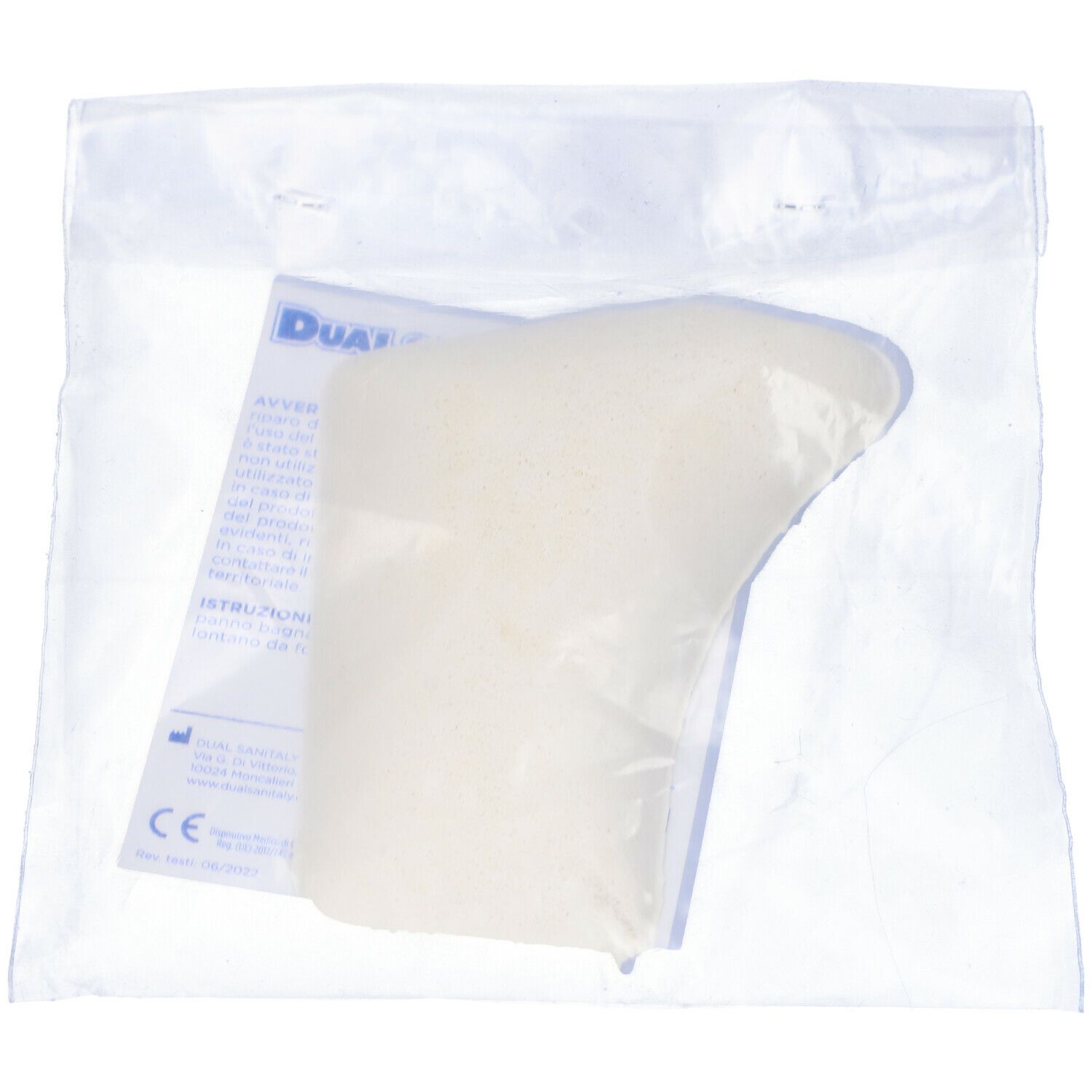 Transparente Verpackung mit Produkt und Produktinformationen. Aufschrift Dualsan. Medizinprodukt.