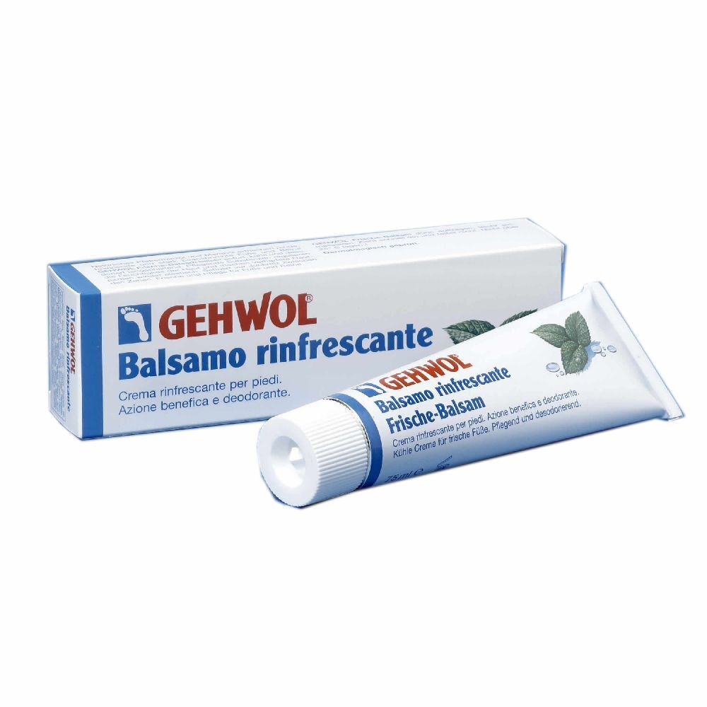 Tubo e scatola bianchi con stampa del prodotto. Scritta: GEHWOL Balsamo rinfrescante. Illustrazione di foglie di menta.