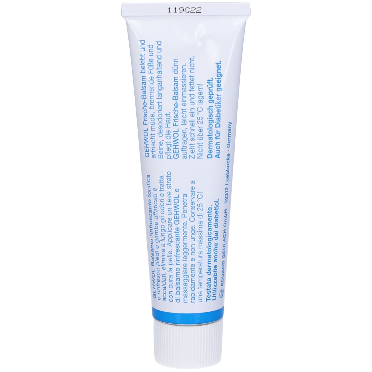 Retro del tubo. Testo in più lingue. Scritta: GEHWOL Frische-Balsam. Dermatologicamente testato. Adatto ai diabetici.