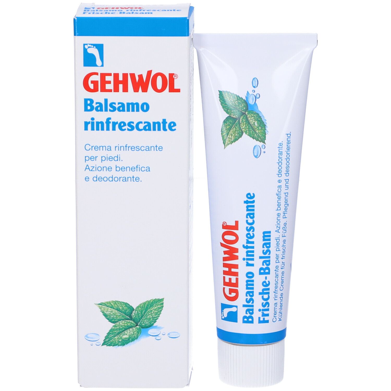 Confezione del prodotto e tubo. Scritta: GEHWOL Balsamo rinfrescante. Illustrazione di foglie di menta. Accenti blu.