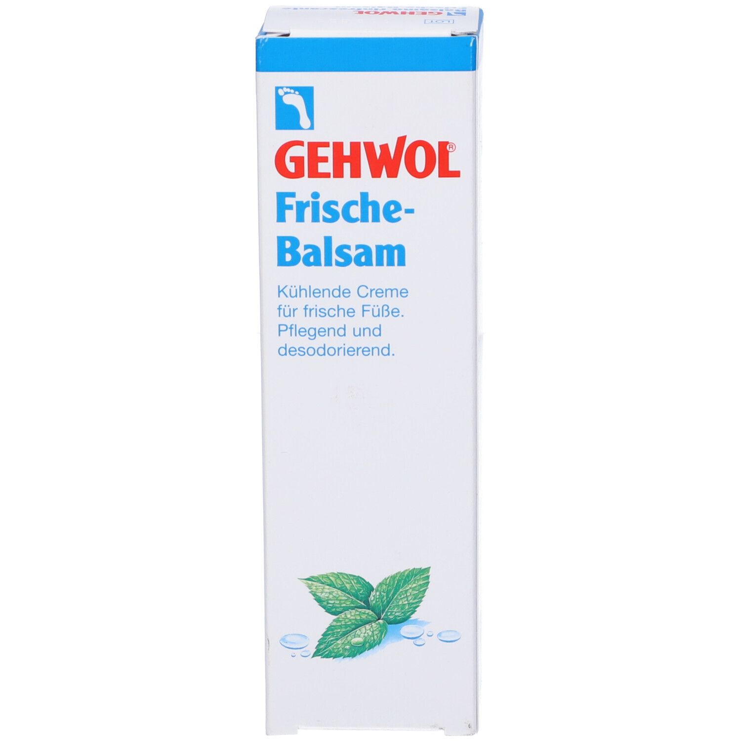 Confezione del prodotto, vista laterale. Scritta: GEHWOL Frische-Balsam. Illustrazione di foglie di menta. Accenti blu.