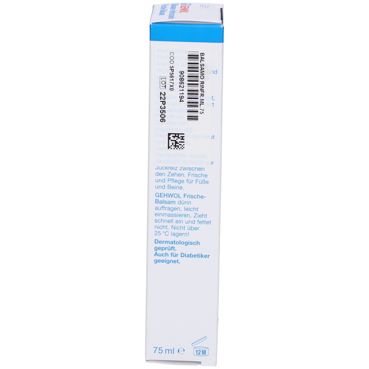 Confezione del prodotto, retro. Testo in più lingue. Scritta: GEHWOL Frische-Balsam. 75 ml.
