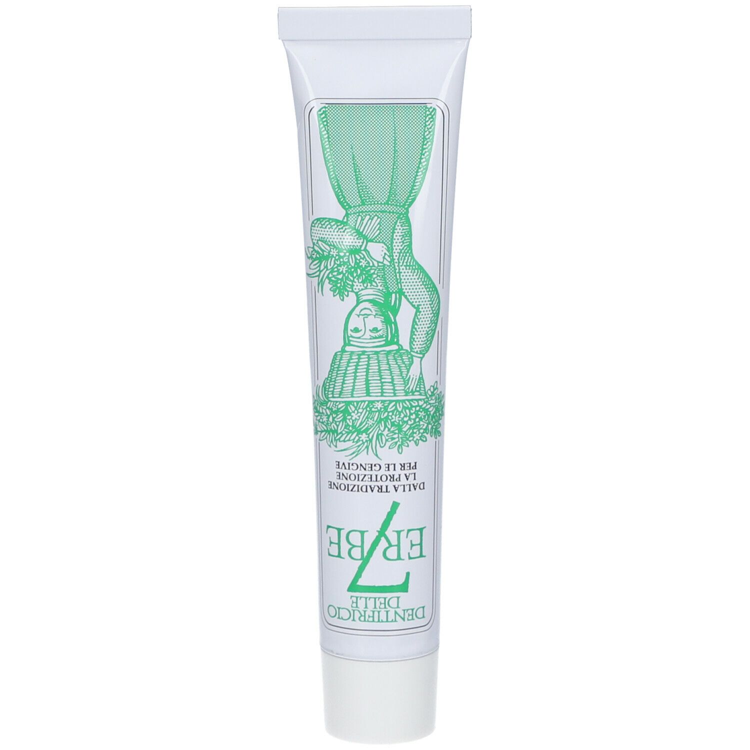 Tube de dentifrice avec décor vert. Inscription : "DENTIFRICIO DELLE 7 ERBE".