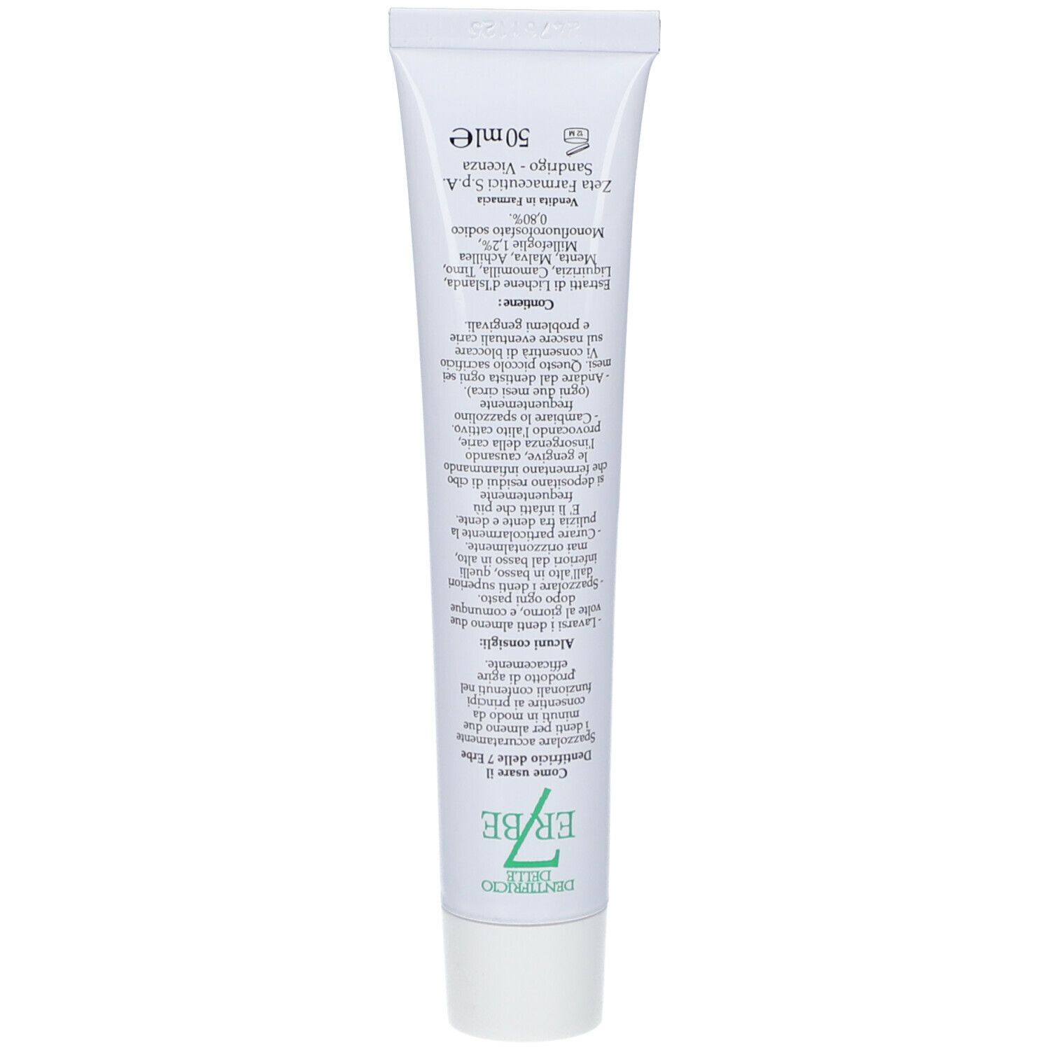 Dos du tube de dentifrice. Texte avec ingrédients et informations sur le fabricant.