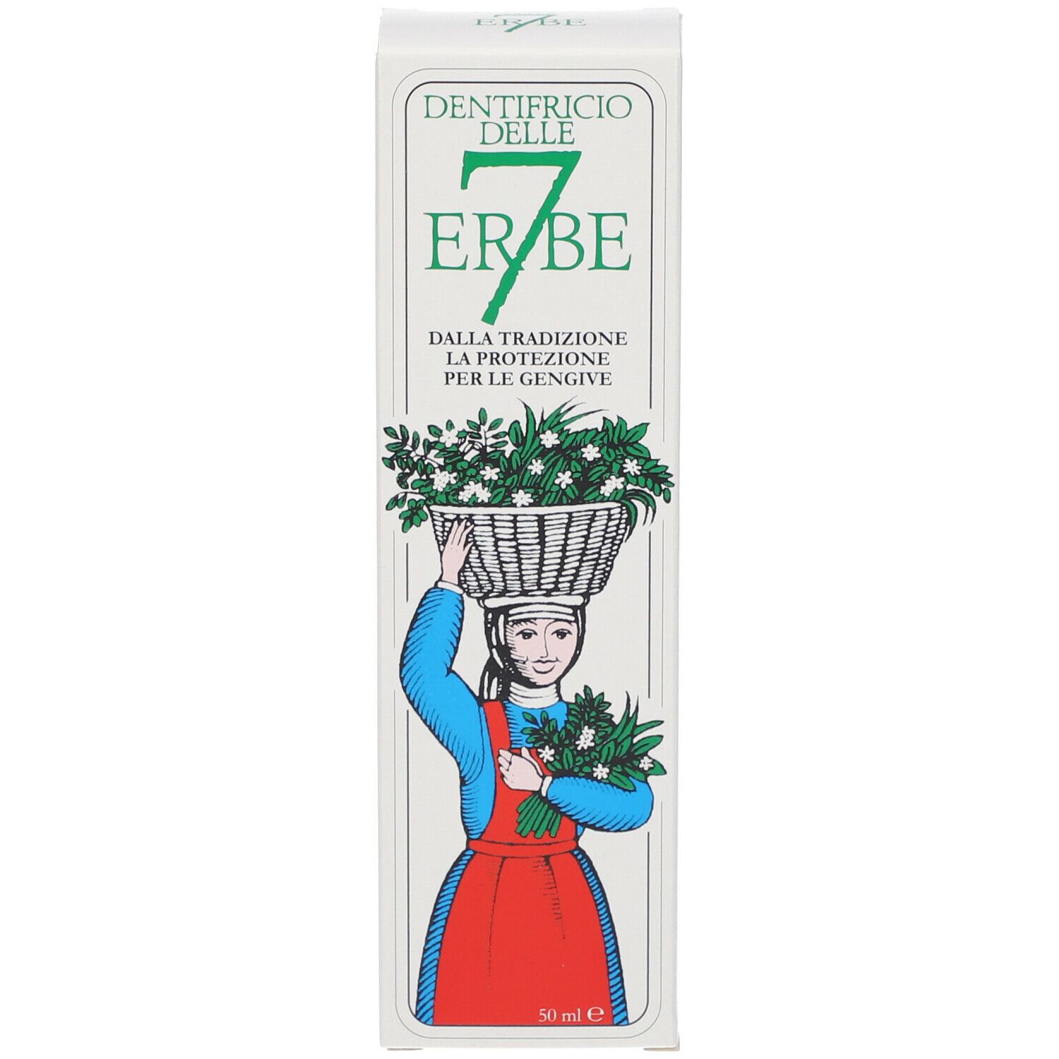 Boîte avec "DENTIFRICIO DELLE 7 ERBE". Sur la boîte : femme avec un panier.