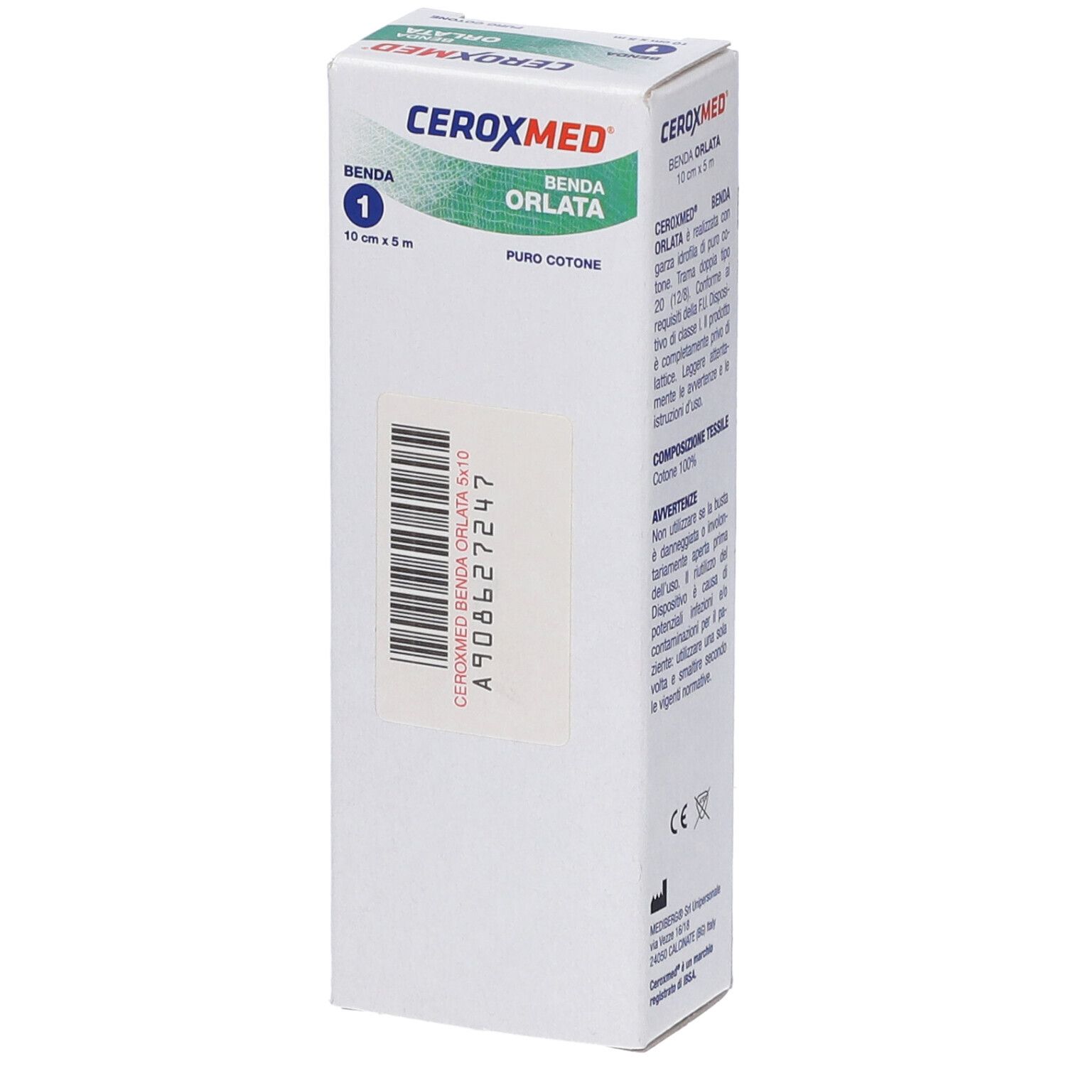 Ceroxmed Benda Orlata: Hydrophile Mullbinde, 10x500 cm. Barcode und Produktinformationen auf der Verpackung.