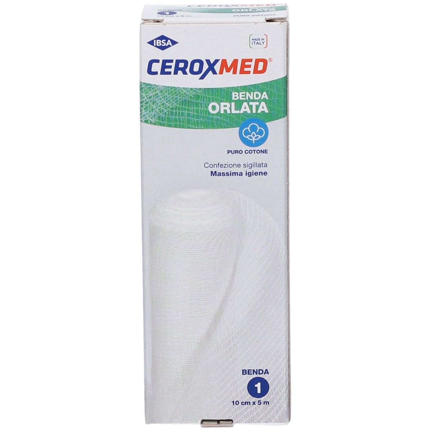 Ceroxmed Benda Orlata: Hydrophile Mullbinde, 10x500 cm. Verpackung mit Produktbild und Markenschriftzug.