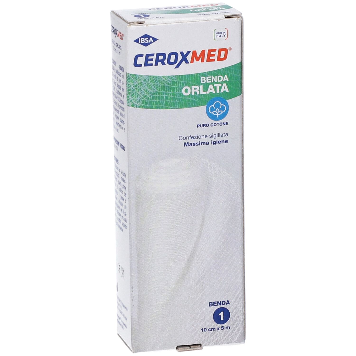 Ceroxmed Benda Orlata: Hydrophile Mullbinde, 10x500 cm. Detailansicht der Verpackung mit Produktmerkmalen.