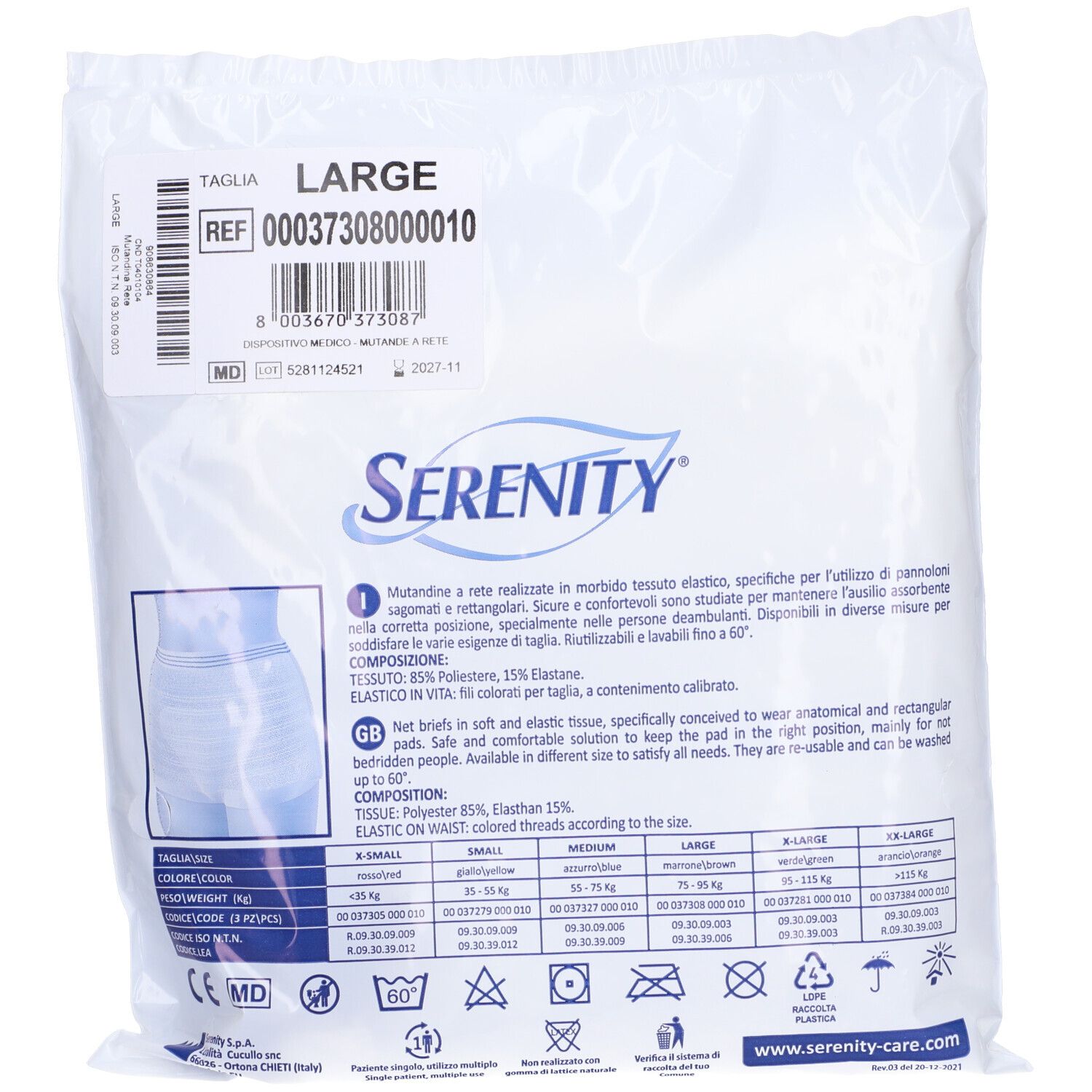 Verpackung für Serenity Net Briefs, Größe Large, aus Polyester und Elastan.